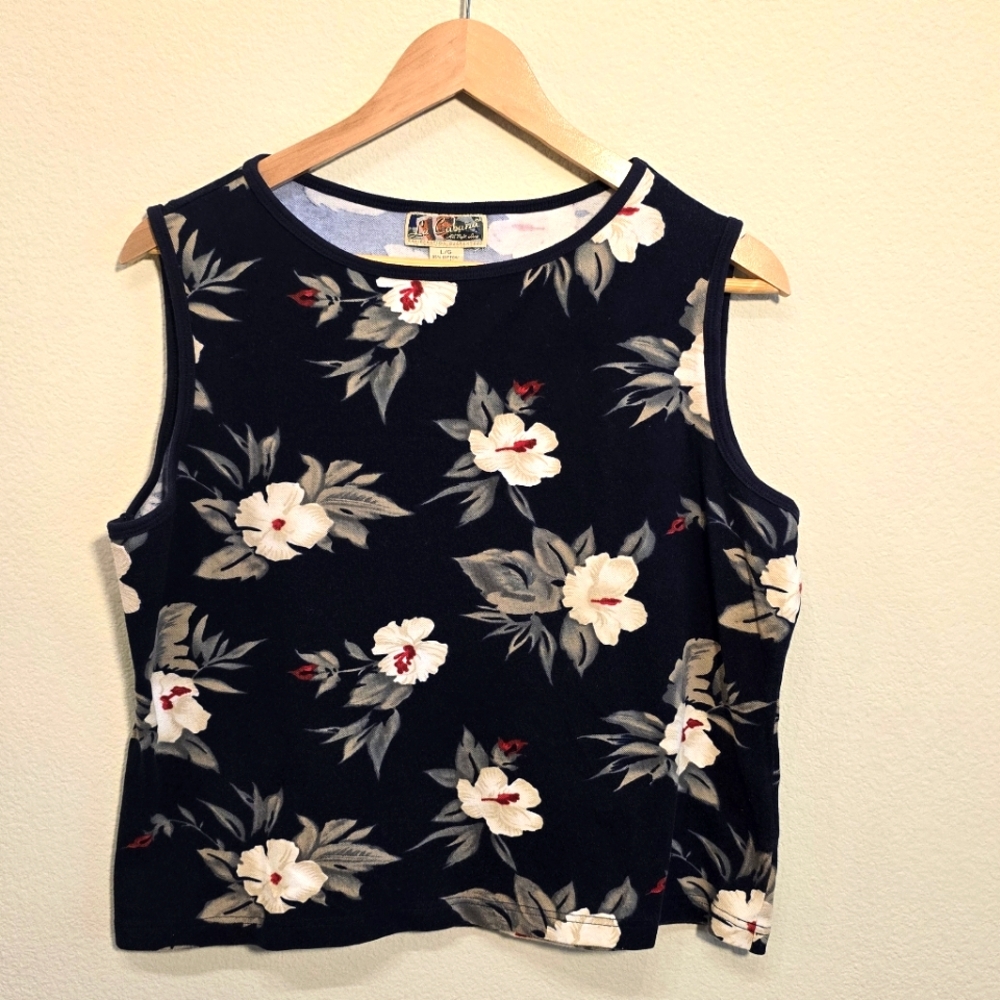 La Cabaña Floral Sleeveless Top - Navy Blue and White